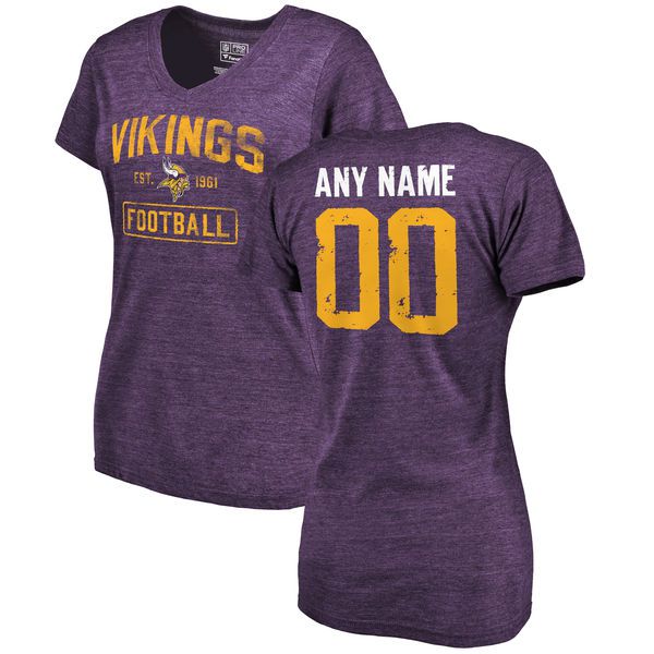 Women Minnesota Vikings Purple Distressed Custom Name and Number Tri-Blend V-Neck NFL T-Shirt->nfl t-shirts->Sports Accessory